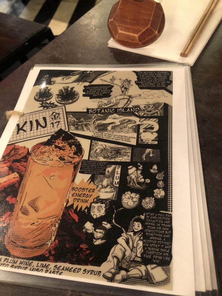 the cocktail menu has a unique comic book style at kin ramen | Better Together Here 