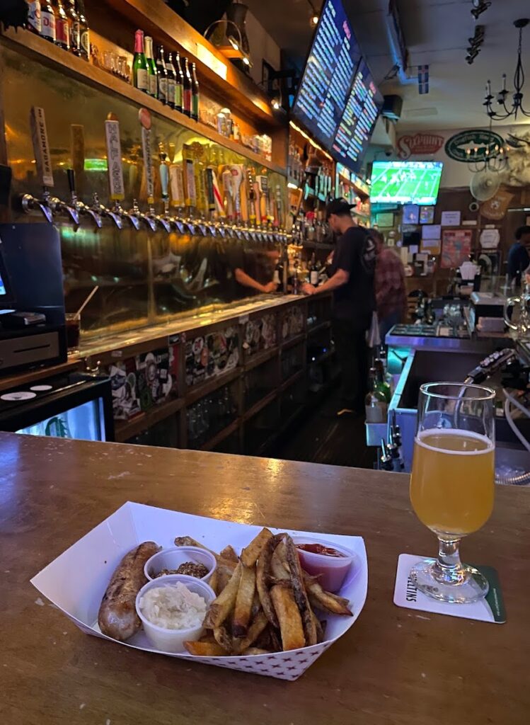 bratwurst fries and beer at valhalla | Better Together Here