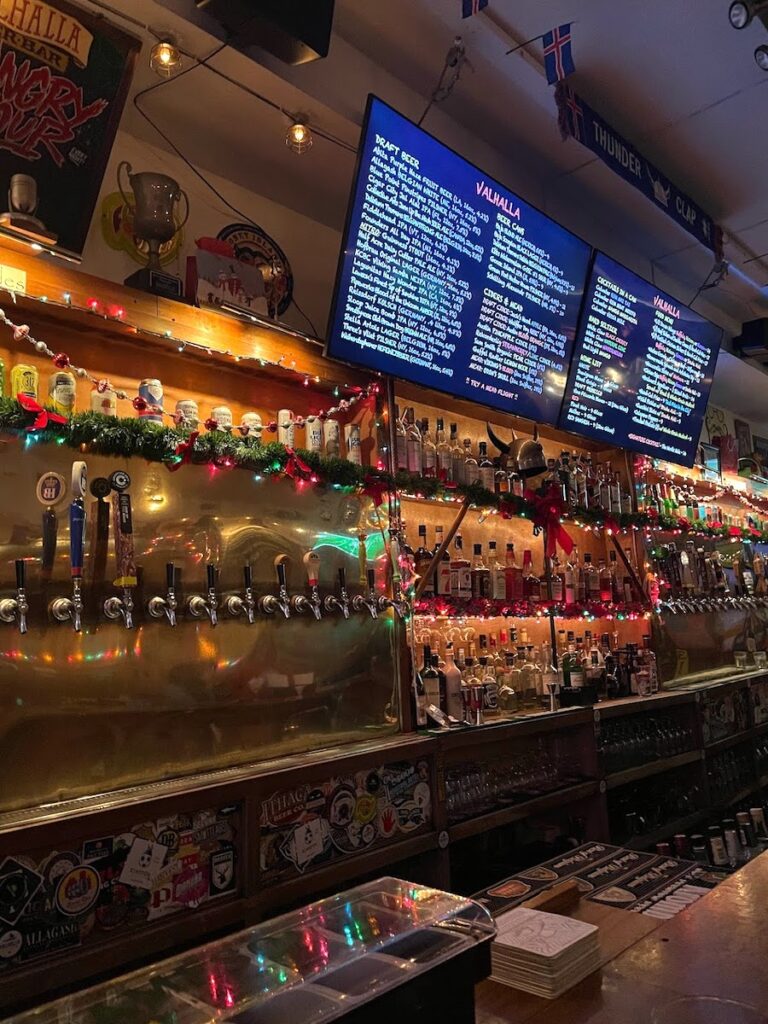 decorations and a view of the draft beers at valhalla around Christmas time | Better Together Here