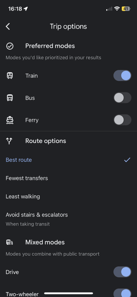 google maps trip options including least walking and avoiding stairs or busses | Better Together Here